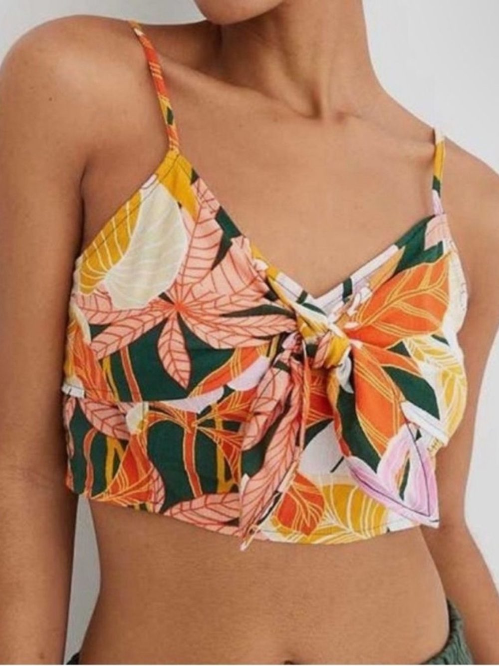 aerie Floral Tie-Front Crop Top in Mustard, Pink & Green